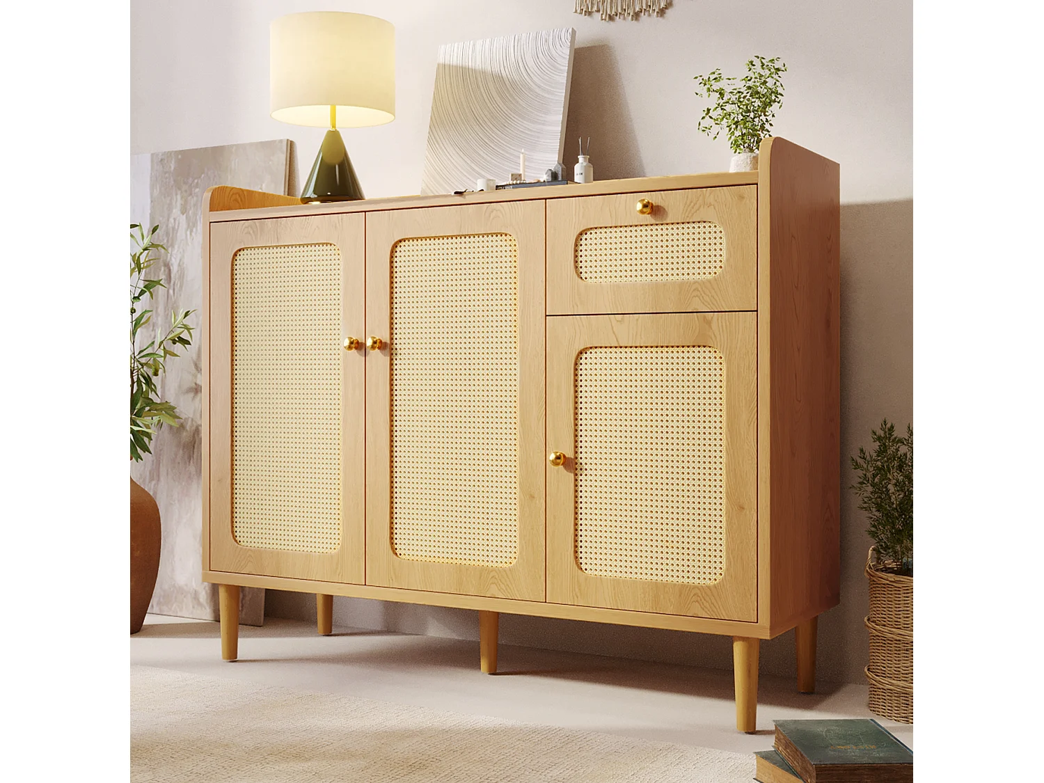 Buffet 120x40x91cm - med 1 låda och 3 dörrar - rottingutseende - lantlig stil - långsam stängningsgångjärn - ekfärg