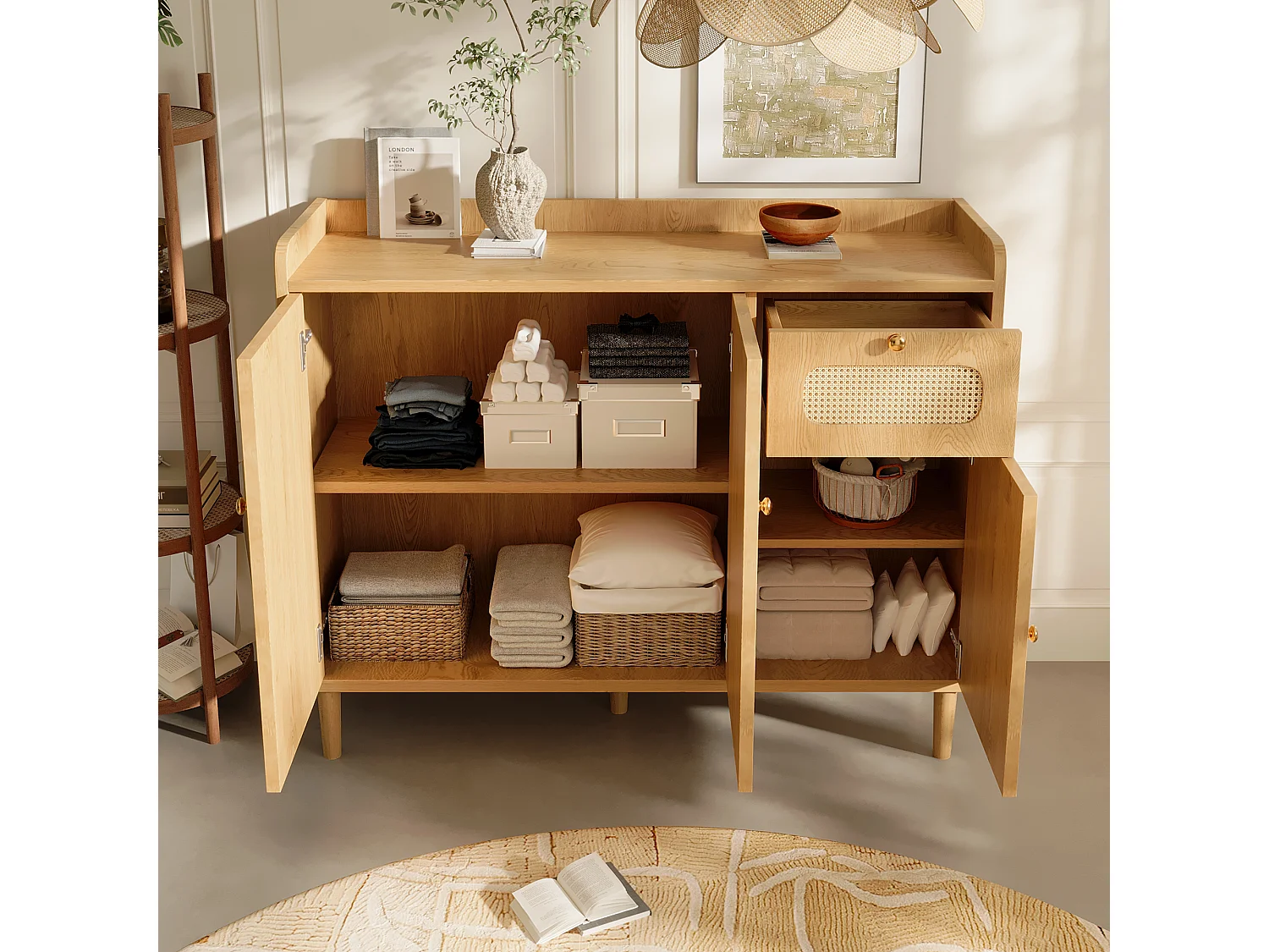 Buffet 120x40x91cm - med 1 låda och 3 dörrar - rottingutseende - lantlig stil - långsam stängningsgångjärn - ekfärg