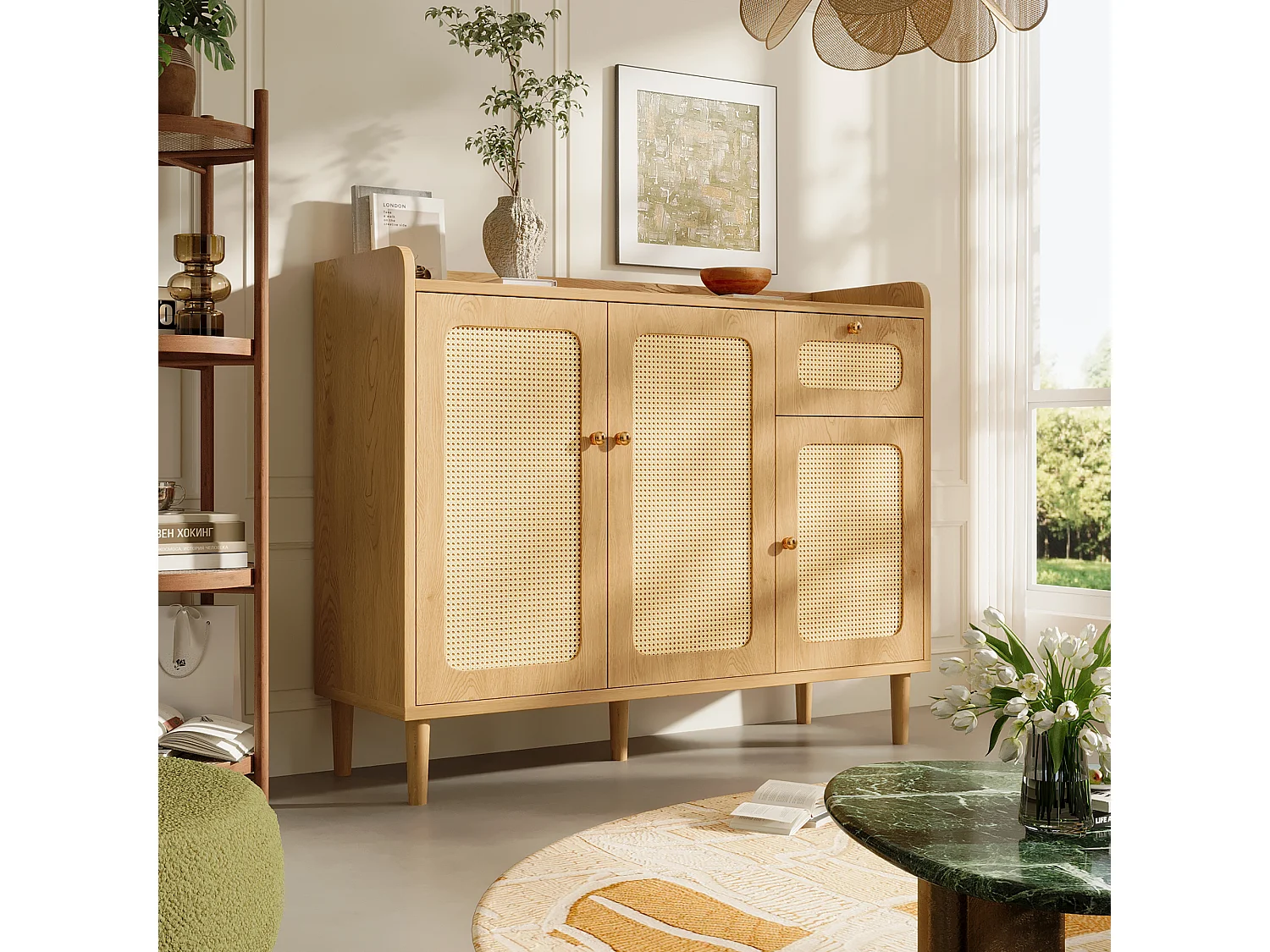 Buffet 120x40x91cm - med 1 låda och 3 dörrar - rottingutseende - lantlig stil - långsam stängningsgångjärn - ekfärg
