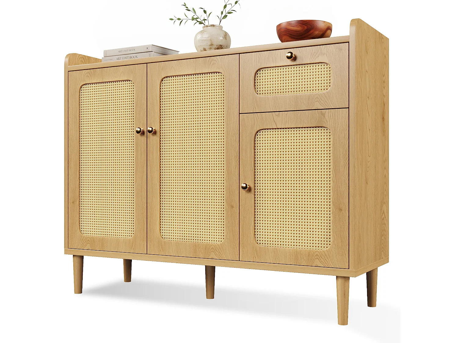 Buffet 120x40x91cm - med 1 låda och 3 dörrar - rottingutseende - lantlig stil - långsam stängningsgångjärn - ekfärg