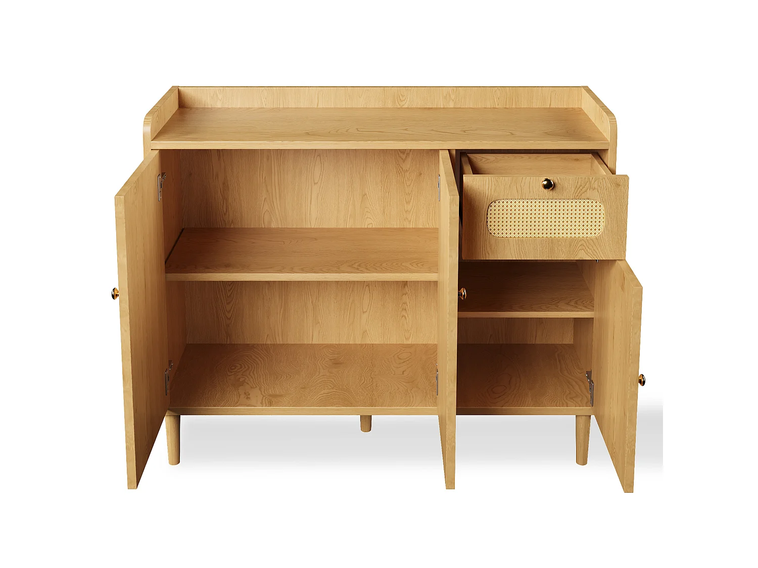 Buffet 120x40x91cm - med 1 låda och 3 dörrar - rottingutseende - lantlig stil - långsam stängningsgångjärn - ekfärg