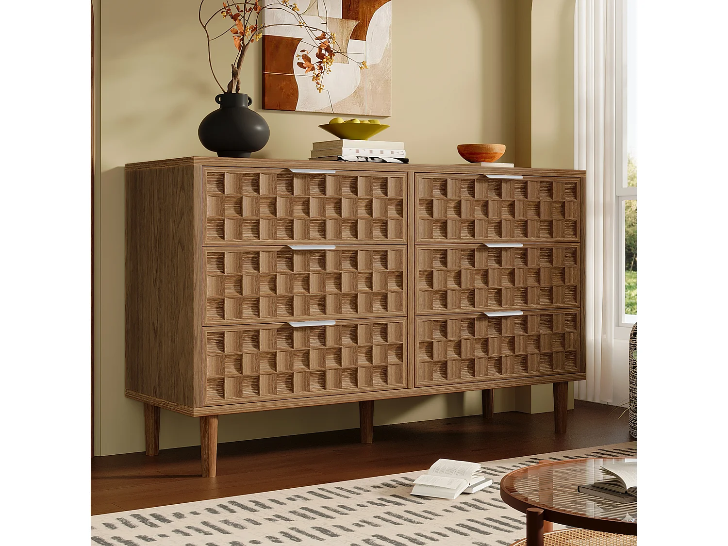 Byffé/Kommod 120x37x77cm - med 6 lådor - chokladrånmönster - ekfärg