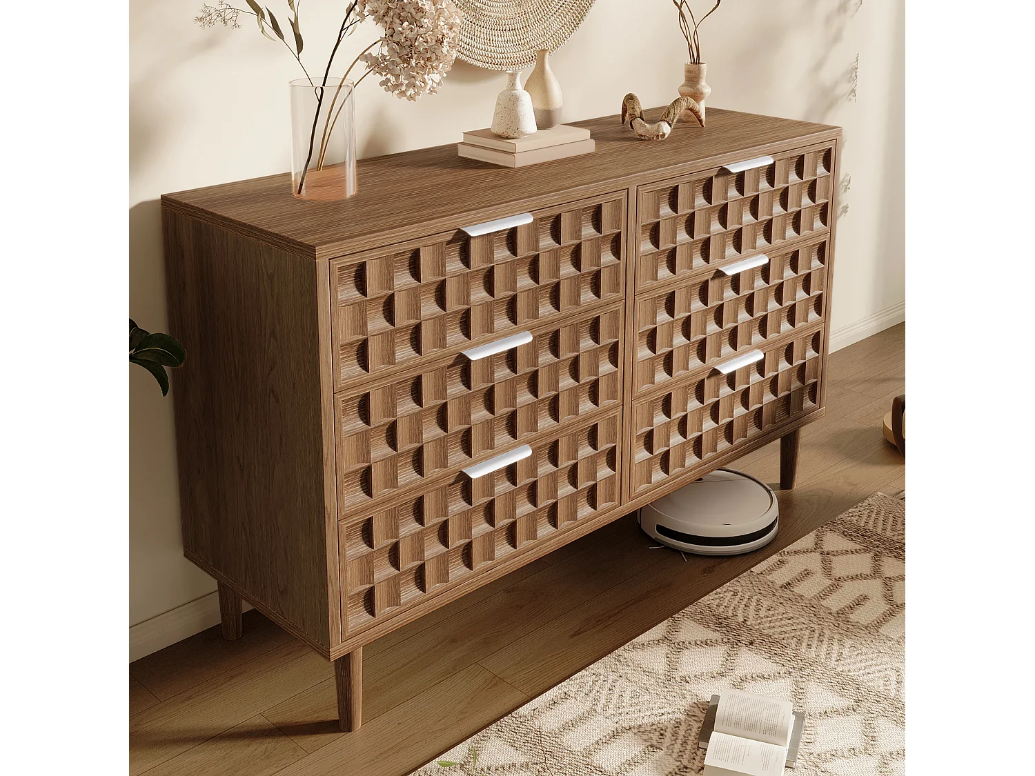 Byffé/Kommod 120x37x77cm - med 6 lådor - chokladrånmönster - ekfärg