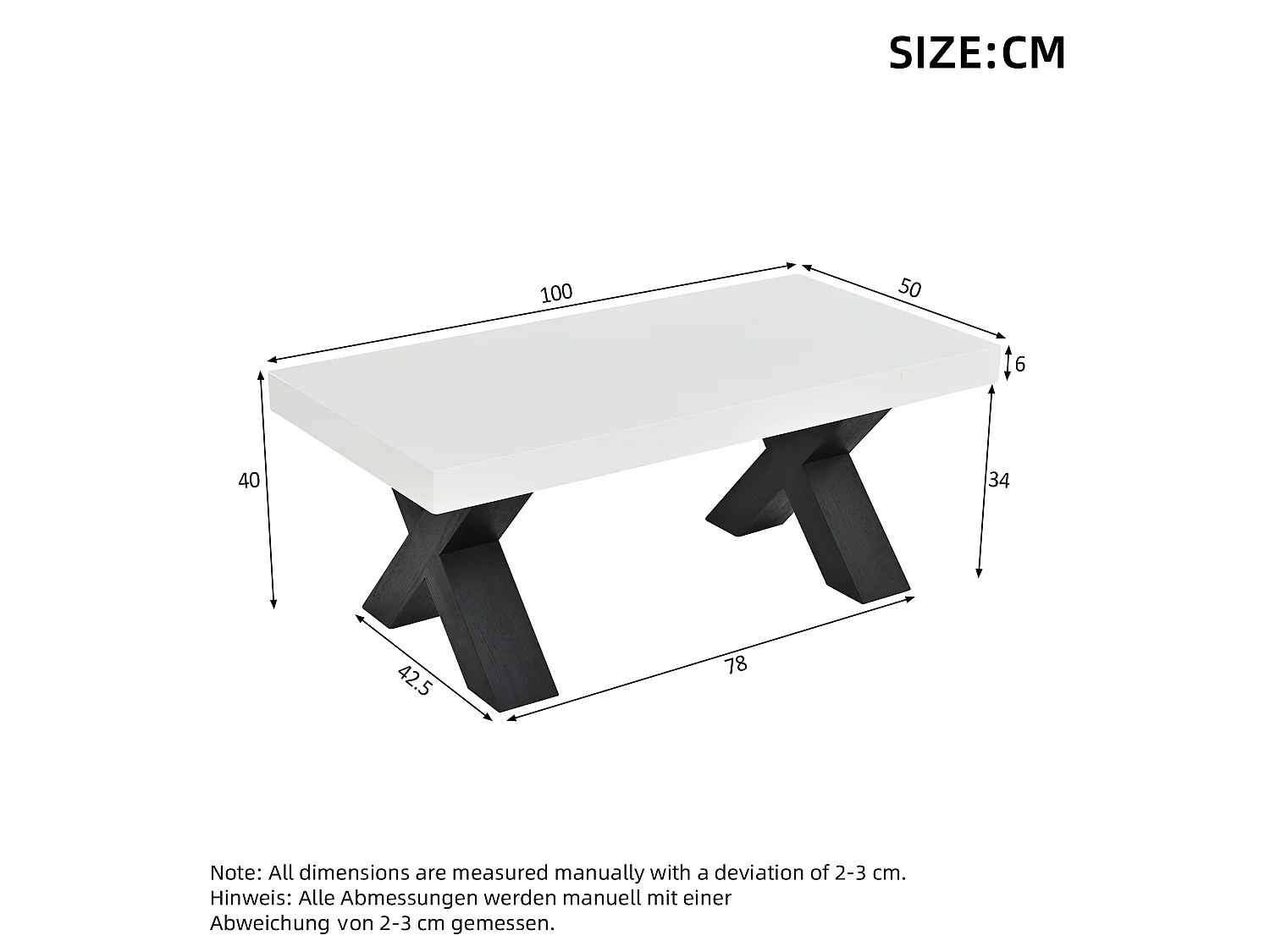 Tavolino basso rettangolare moderno 100x50x40 cm - Piano laccato lucido - Gambe a X - MDF - Bianco e nero
