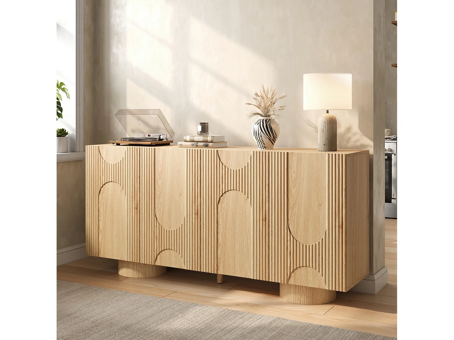 Buffet/Meuble à chaussures 160x38,5x76 cm - 4 portes et étagères réglables - Aspect bois - MDF - Naturel