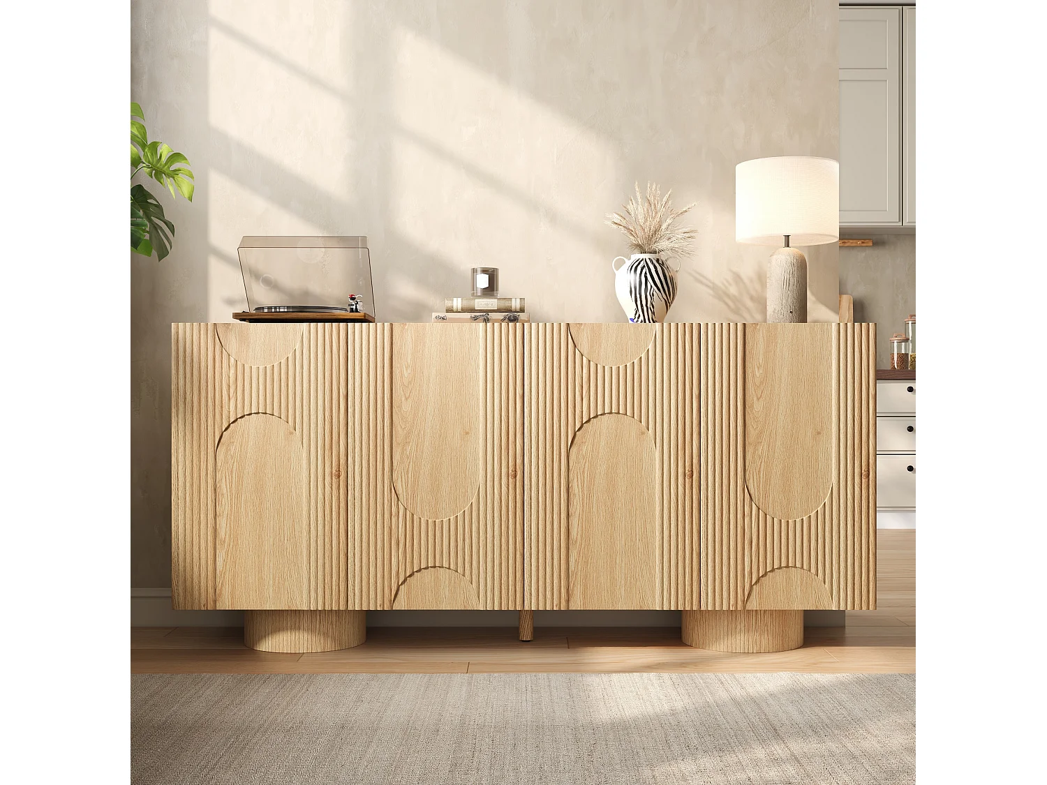 Buffet/Meuble à chaussures 160x38,5x76 cm - 4 portes et étagères réglables - Aspect bois - MDF - Naturel