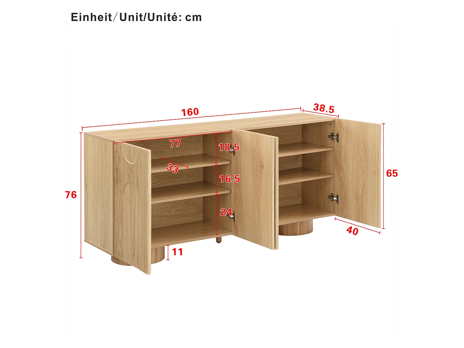 Buffet/Meuble à chaussures 160x38,5x76 cm - 4 portes et étagères réglables - Aspect bois - MDF - Naturel