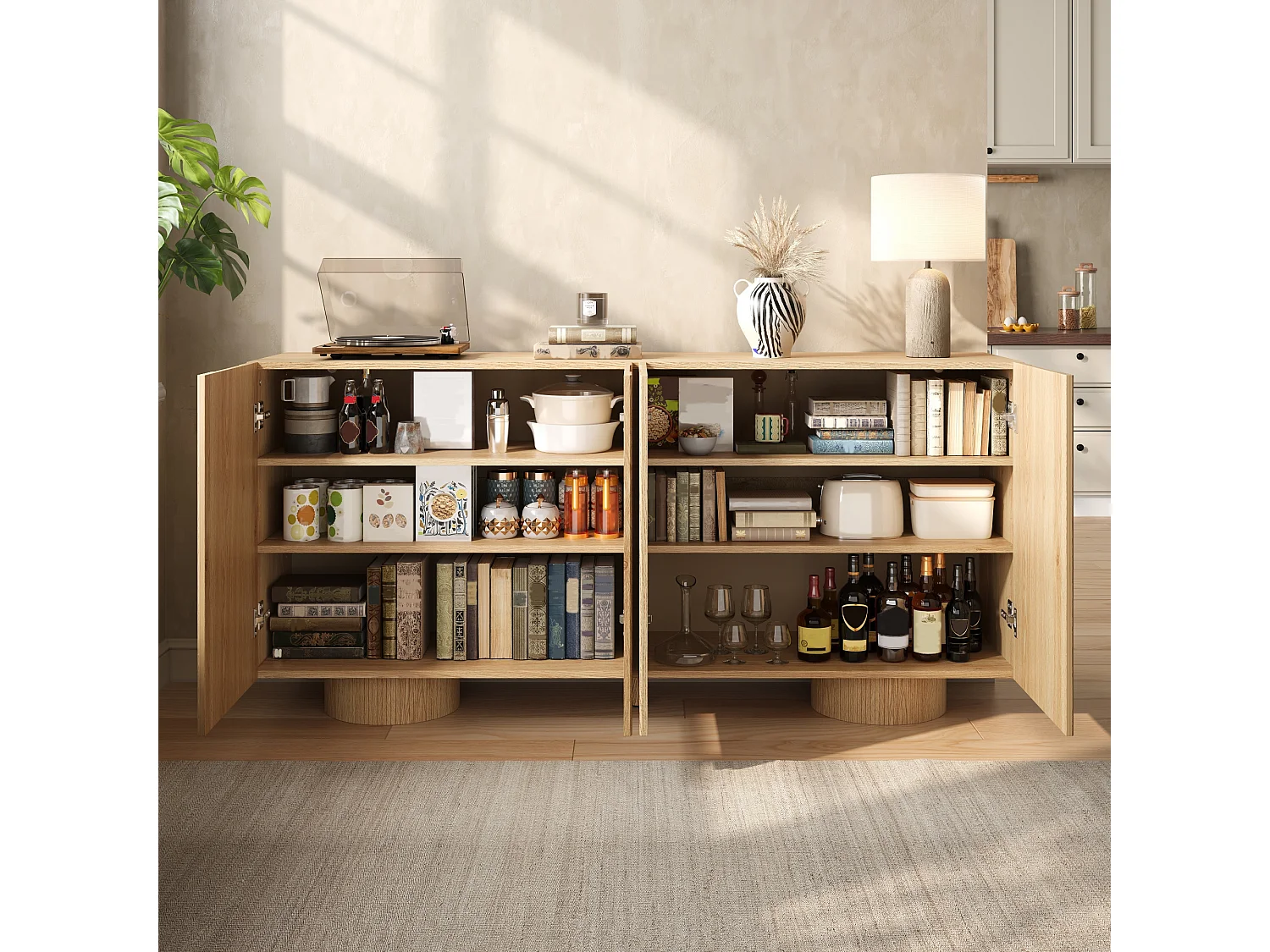 Buffet/Meuble à chaussures 160x38,5x76 cm - 4 portes et étagères réglables - Aspect bois - MDF - Naturel