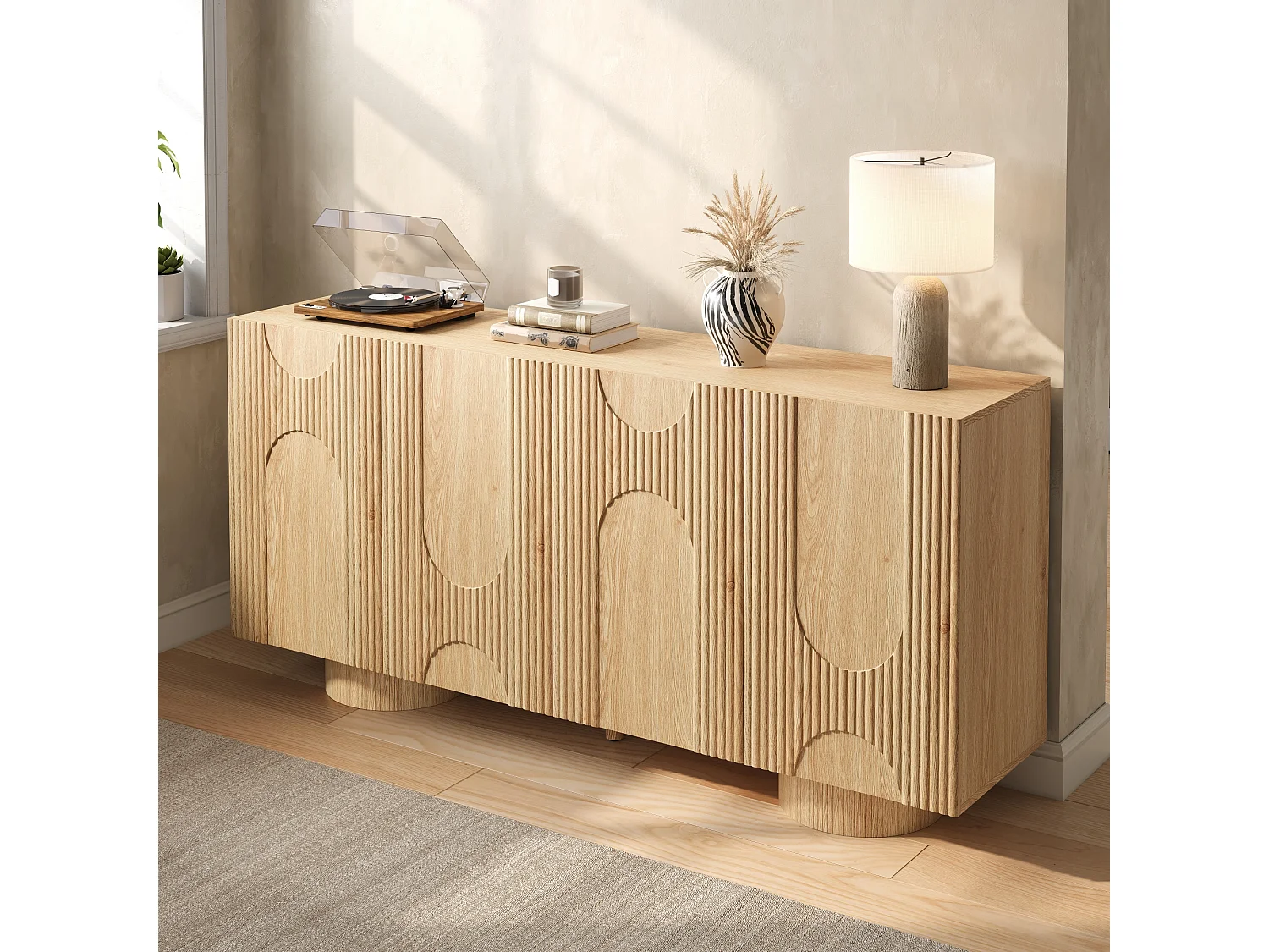 Buffet/Meuble à chaussures 160x38,5x76 cm - 4 portes et étagères réglables - Aspect bois - MDF - Naturel