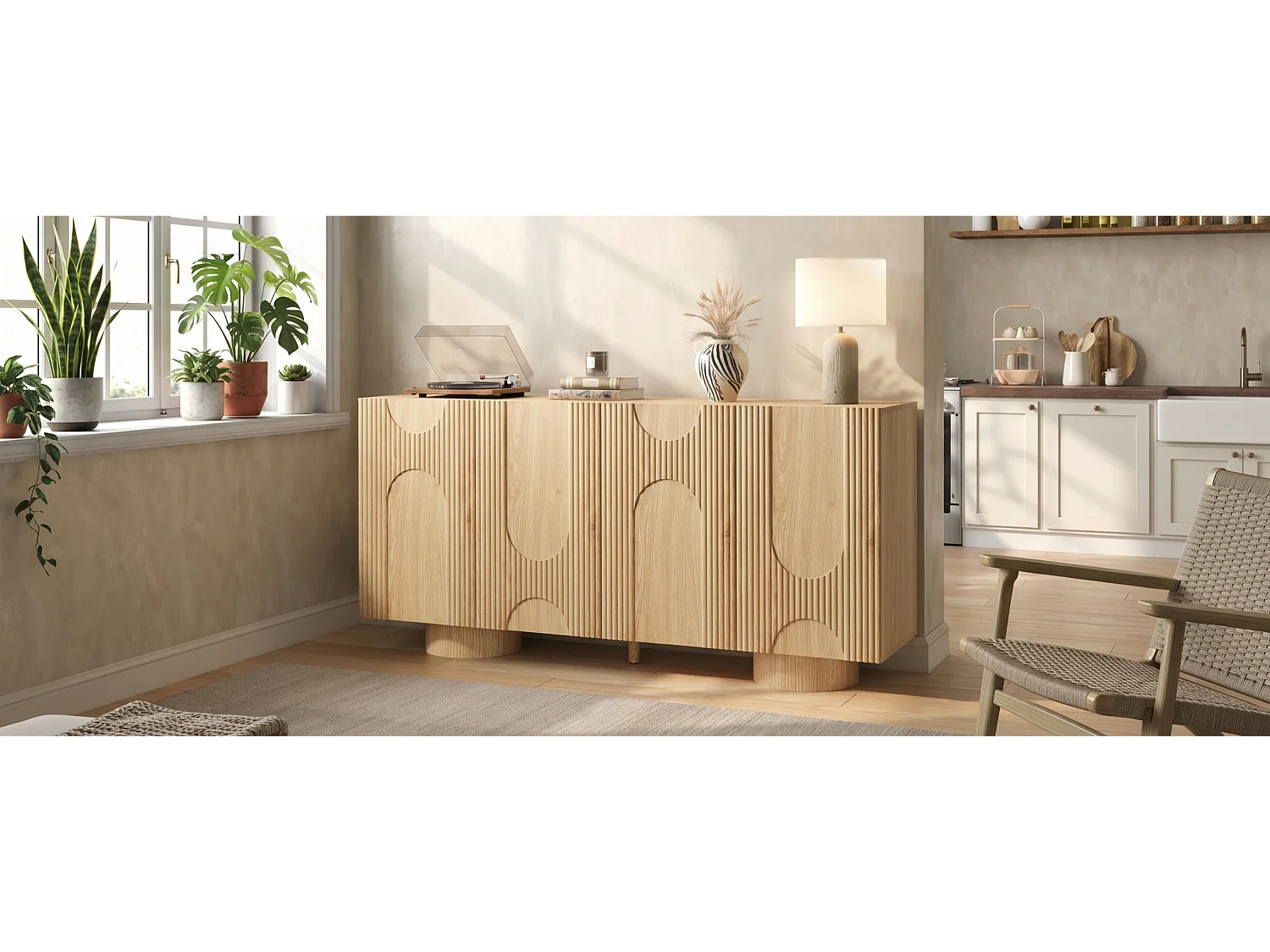 Buffet/Meuble à chaussures 160x38,5x76 cm - 4 portes et étagères réglables - Aspect bois - MDF - Naturel
