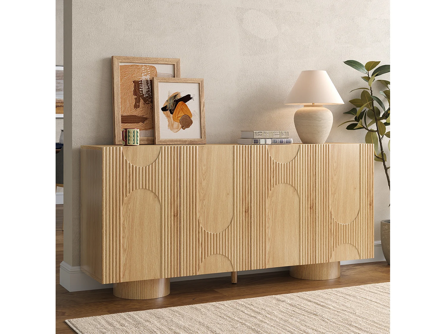 Buffet/Meuble à chaussures 160x38,5x76 cm - 4 portes et étagères réglables - Aspect bois - MDF - Naturel