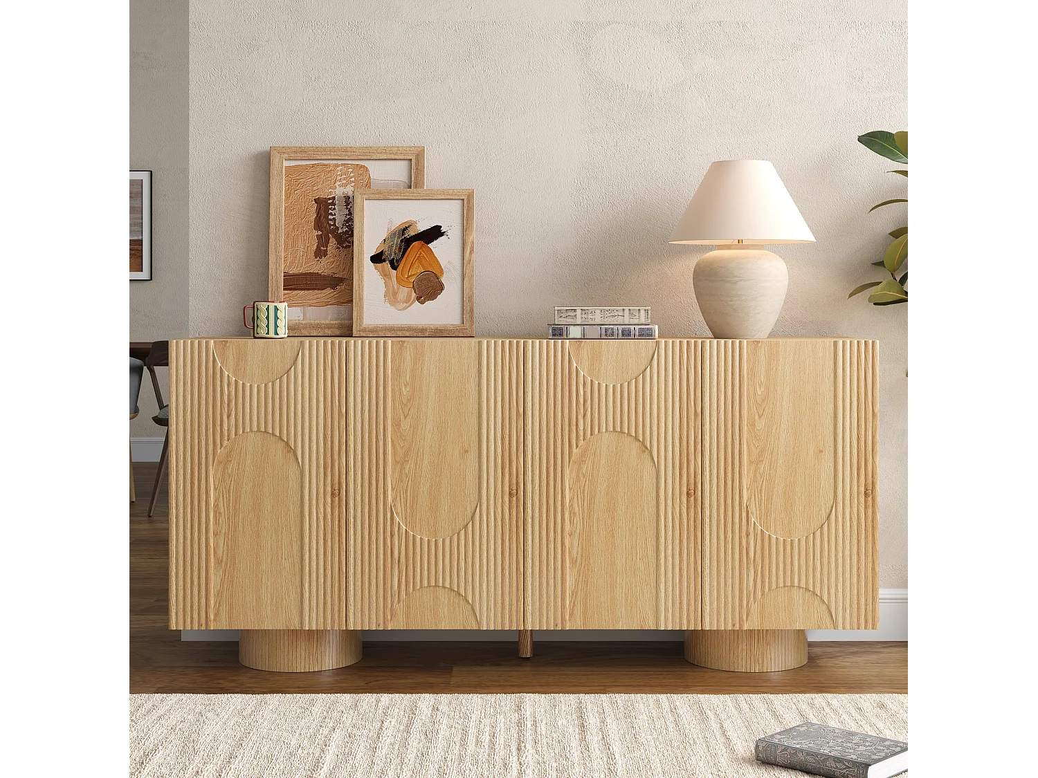Buffet/Meuble à chaussures 160x38,5x76 cm - 4 portes et étagères réglables - Aspect bois - MDF - Naturel