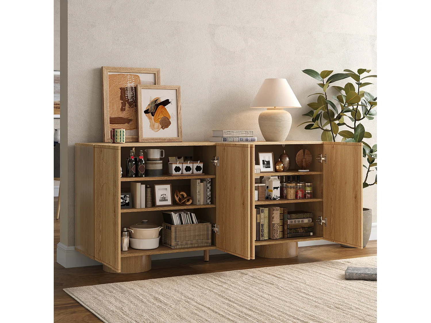 Buffet/Meuble à chaussures 160x38,5x76 cm - 4 portes et étagères réglables - Aspect bois - MDF - Naturel