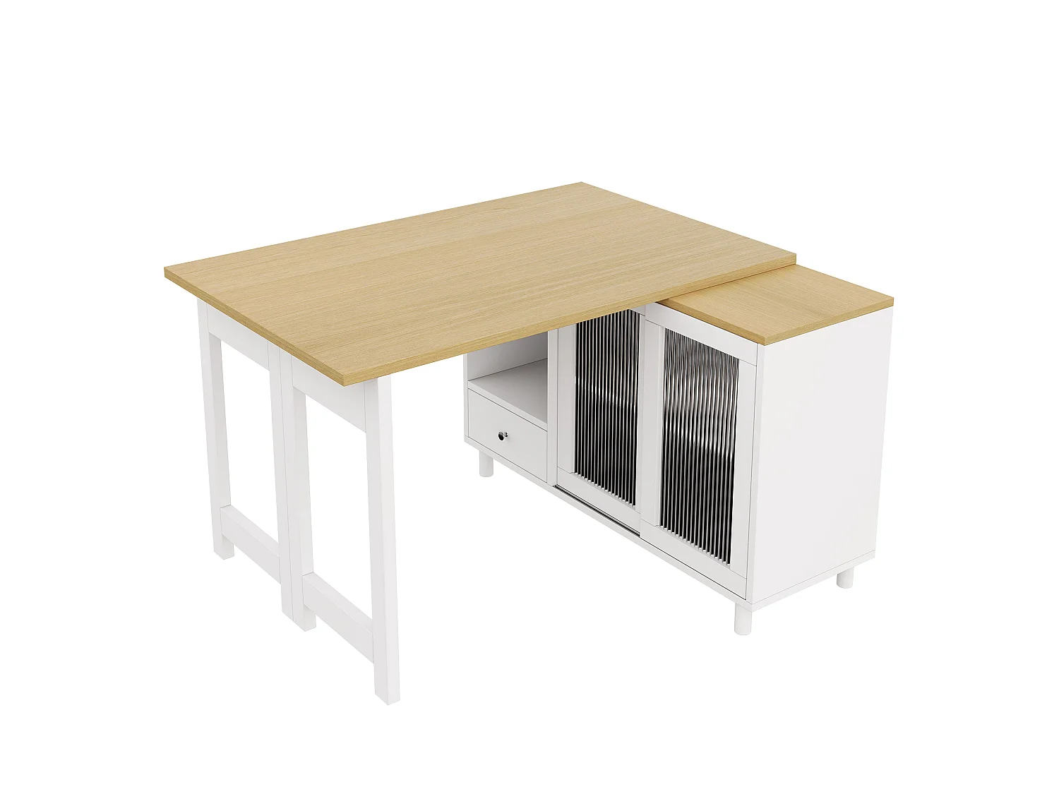 Uitschuifbare en draaibare eettafel - 360° rotatie - met 2 glazen deuren en 1 lade - Wit + naturel