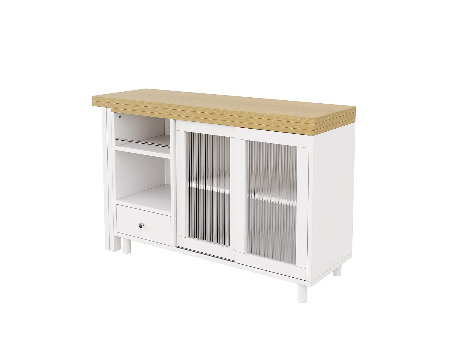 Uitschuifbare en draaibare eettafel - 360° rotatie - met 2 glazen deuren en 1 lade - Wit + naturel