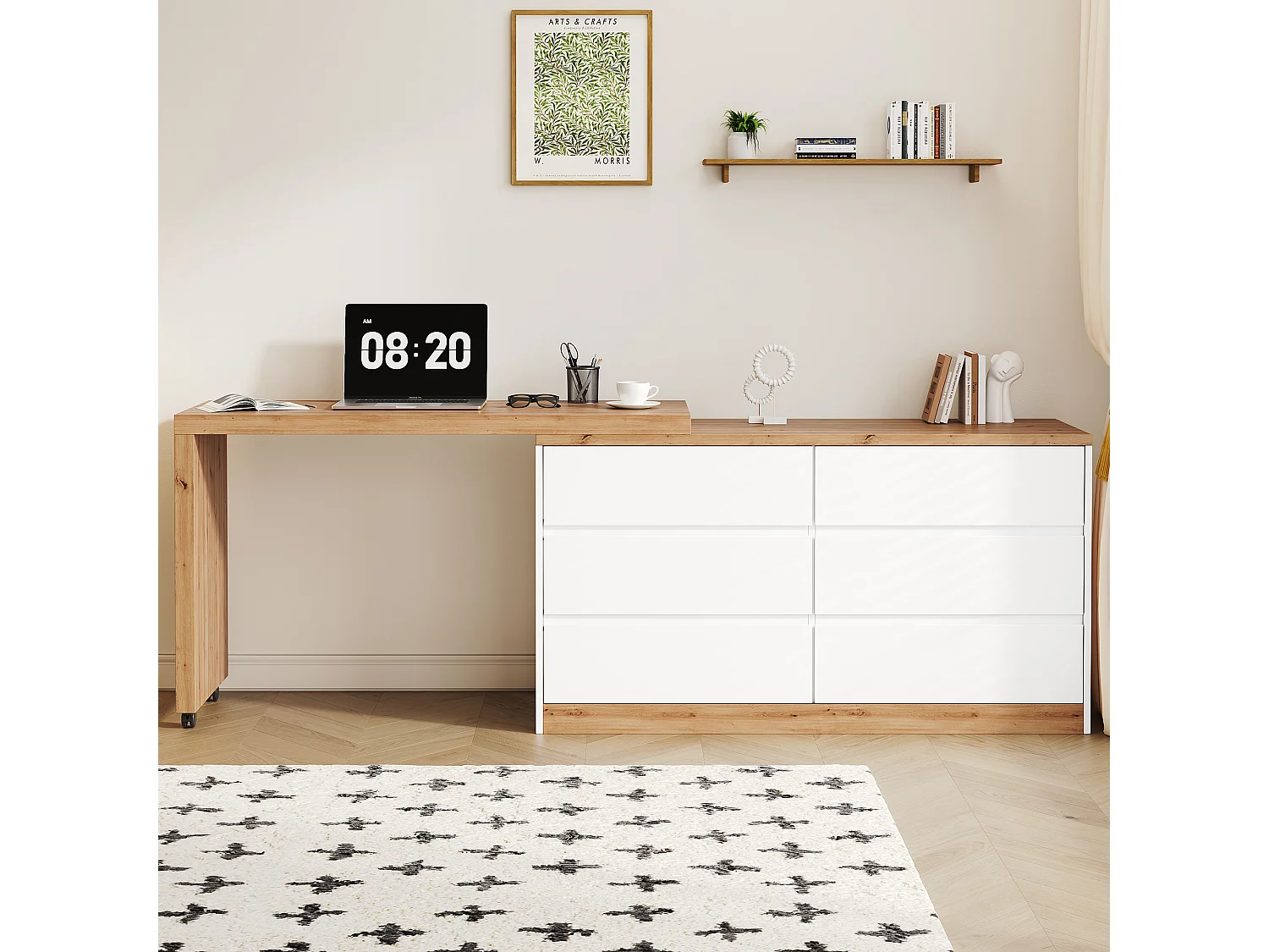 Svängbart och mobilt skrivbord - Med låsbara hjul - Med 6 lådor - Bordsskiva 4 cm tjock - Natur och vit