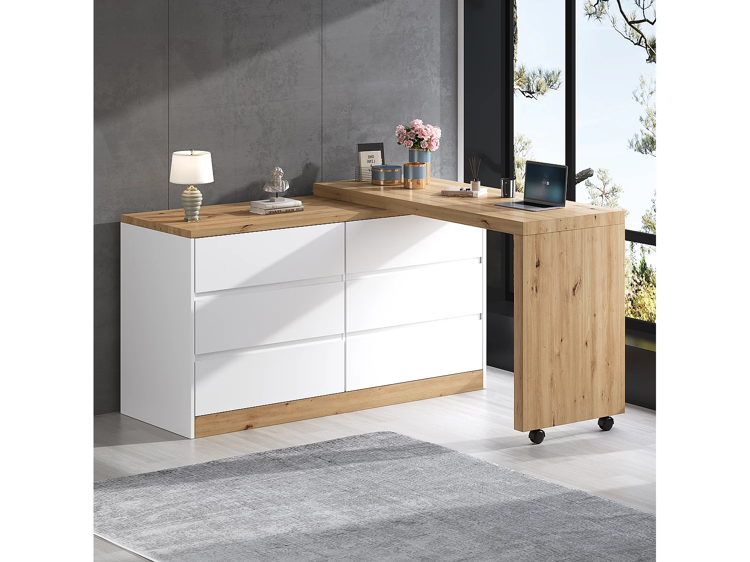 Svängbart och mobilt skrivbord - Med låsbara hjul - Med 6 lådor - Bordsskiva 4 cm tjock - Natur och vit