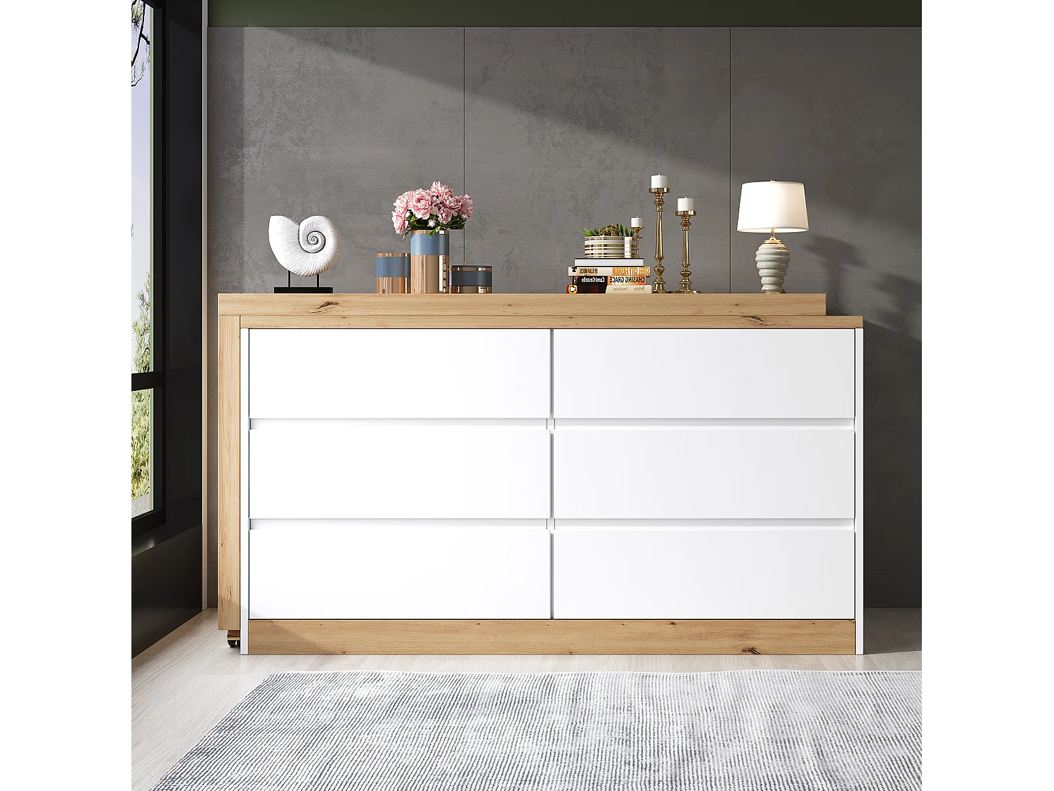 Svängbart och mobilt skrivbord - Med låsbara hjul - Med 6 lådor - Bordsskiva 4 cm tjock - Natur och vit