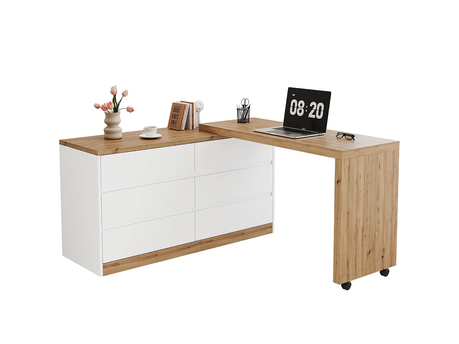 Svängbart och mobilt skrivbord - Med låsbara hjul - Med 6 lådor - Bordsskiva 4 cm tjock - Natur och vit