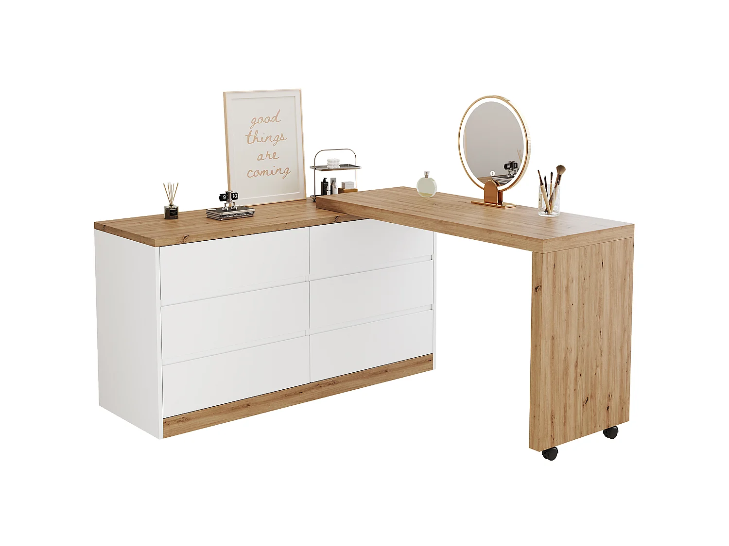 Svängbart och mobilt skrivbord - Med låsbara hjul - Med 6 lådor - Bordsskiva 4 cm tjock - Natur och vit