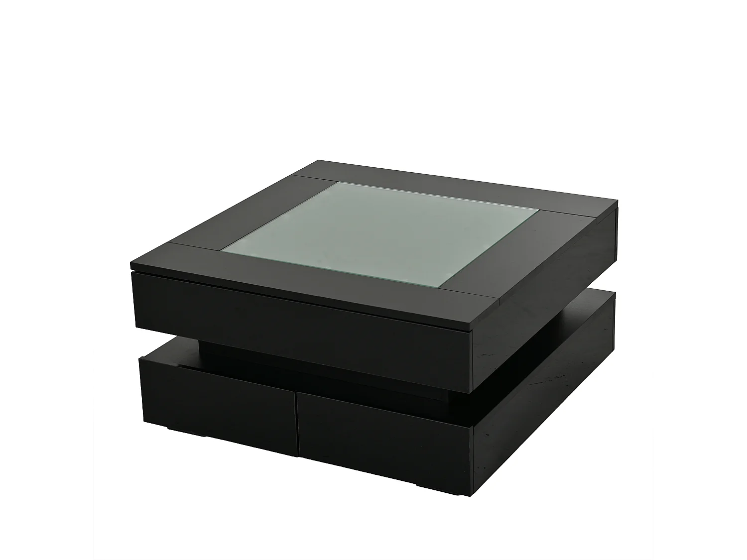 Tavolino basso quadrato 70x70x35 cm - Piano in vetro - Illuminazione LED - 3 cassetti - Finitura lucida - Nero