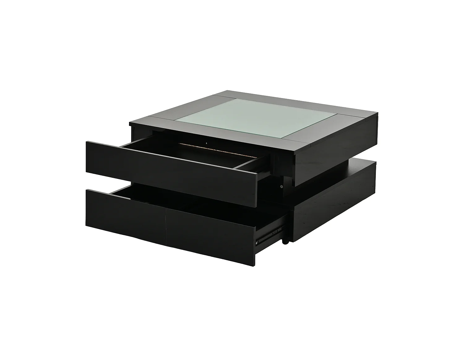 Tavolino basso quadrato 70x70x35 cm - Piano in vetro - Illuminazione LED - 3 cassetti - Finitura lucida - Nero