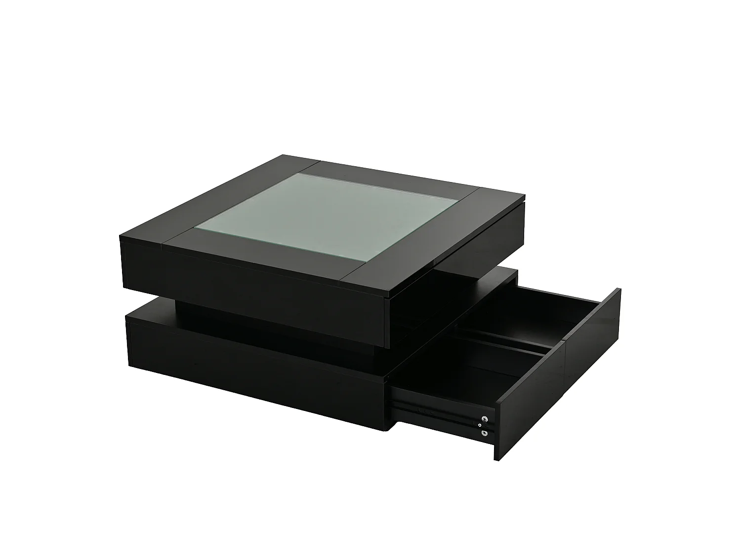 Tavolino basso quadrato 70x70x35 cm - Piano in vetro - Illuminazione LED - 3 cassetti - Finitura lucida - Nero