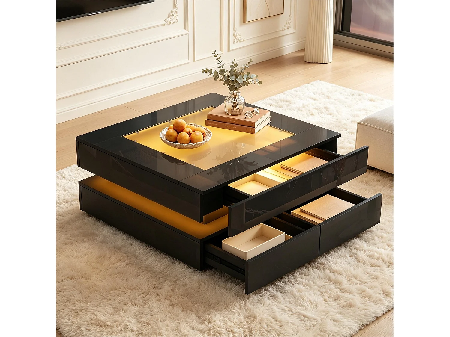 Tavolino basso quadrato 70x70x35 cm - Piano in vetro - Illuminazione LED - 3 cassetti - Finitura lucida - Nero