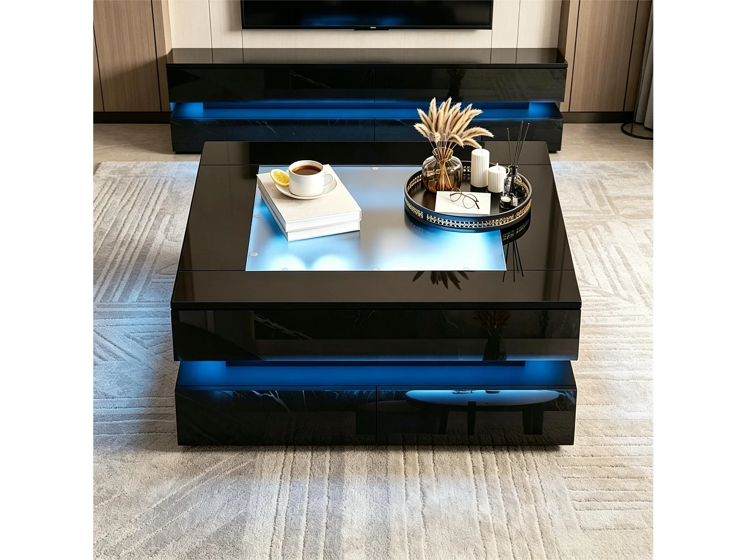 Tavolino basso quadrato 70x70x35 cm - Piano in vetro - Illuminazione LED - 3 cassetti - Finitura lucida - Nero