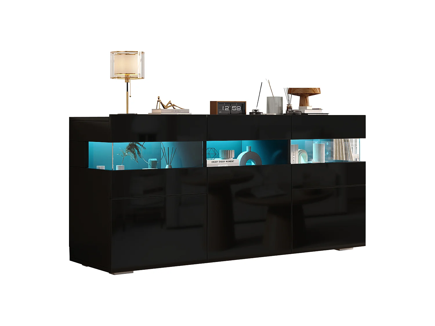 Buffet laqué brillant 140 x 40,5 x 66,5 cm - Meuble 3 portes et tiroirs - Éclairage LED - 7 étagères - Noir