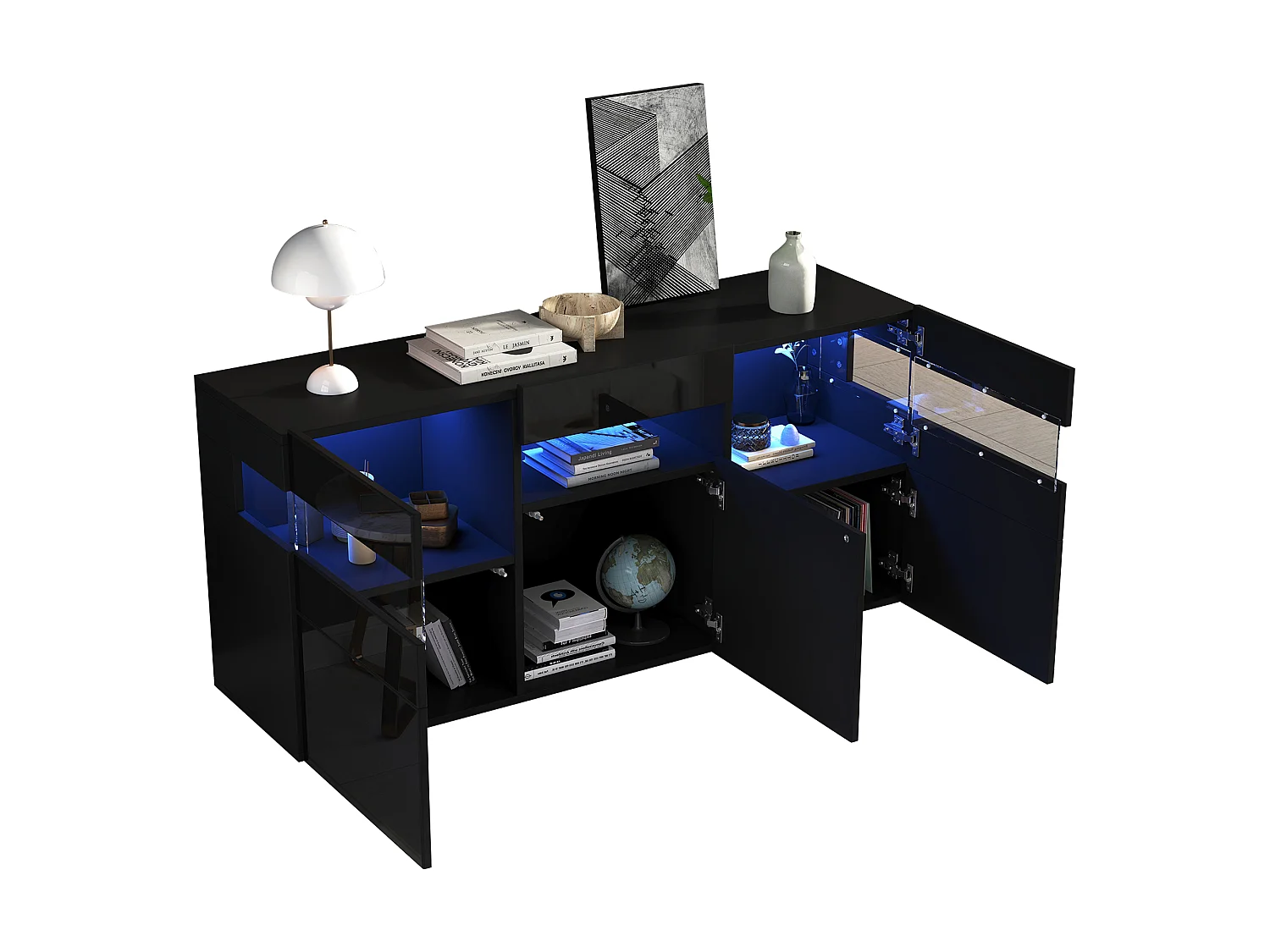 Buffet laqué brillant 140 x 40,5 x 66,5 cm - Meuble 3 portes et tiroirs - Éclairage LED - 7 étagères - Noir
