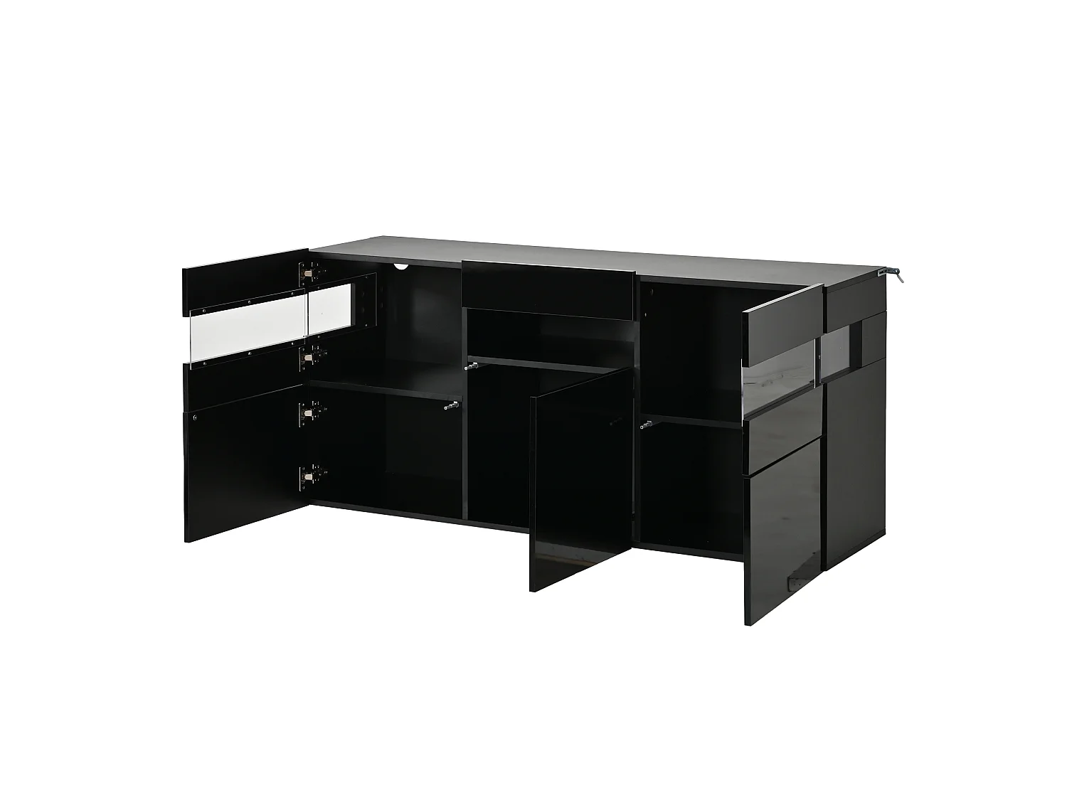 Buffet laqué brillant 140 x 40,5 x 66,5 cm - Meuble 3 portes et tiroirs - Éclairage LED - 7 étagères - Noir