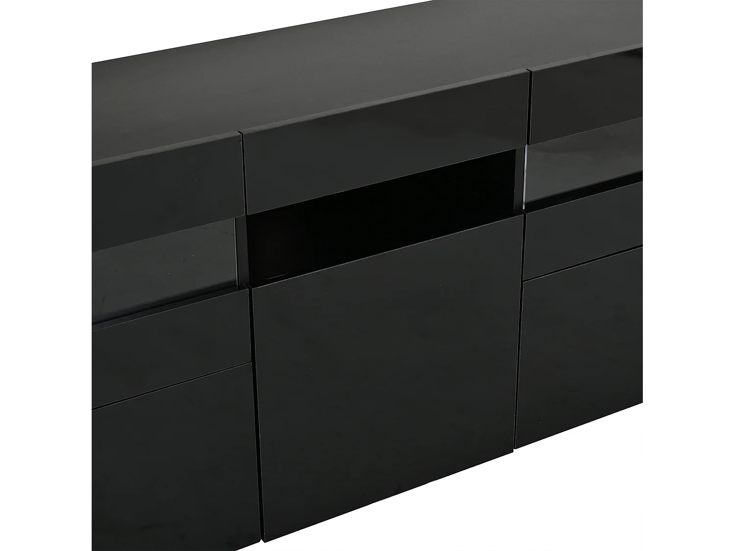 Buffet laqué brillant 140 x 40,5 x 66,5 cm - Meuble 3 portes et tiroirs - Éclairage LED - 7 étagères - Noir