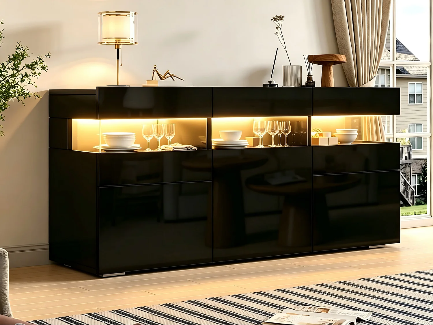 Buffet laqué brillant 140 x 40,5 x 66,5 cm - Meuble 3 portes et tiroirs - Éclairage LED - 7 étagères - Noir