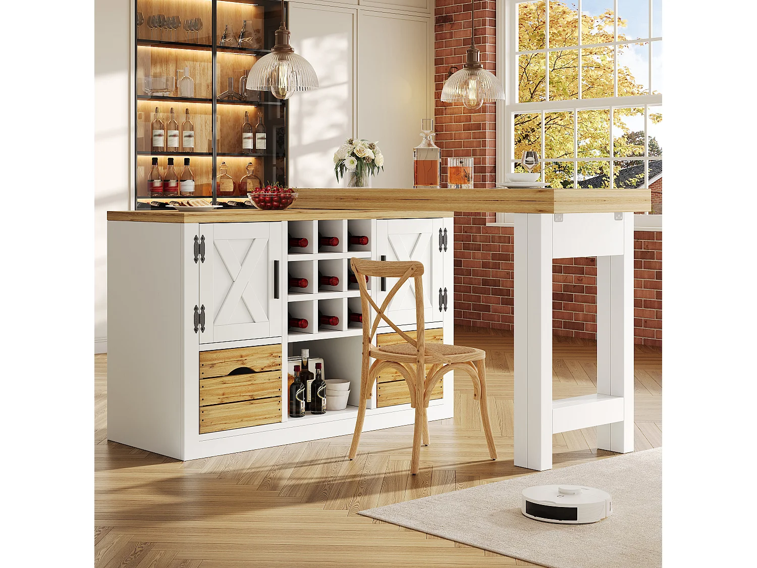 Uitbreidbaar Kookeiland 120-197cm - Draaibare Eettafel 360°, Wijnopslag & Laden, Ruimtebesparend Ontwerp, MDF - Wit