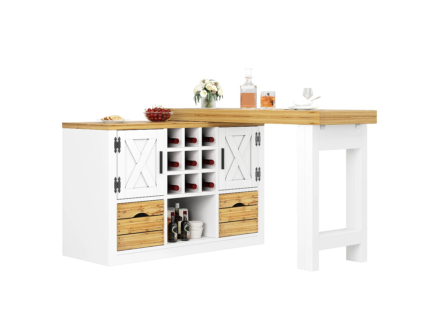 Uitbreidbaar Kookeiland 120-197cm - Draaibare Eettafel 360°, Wijnopslag & Laden, Ruimtebesparend Ontwerp, MDF - Wit