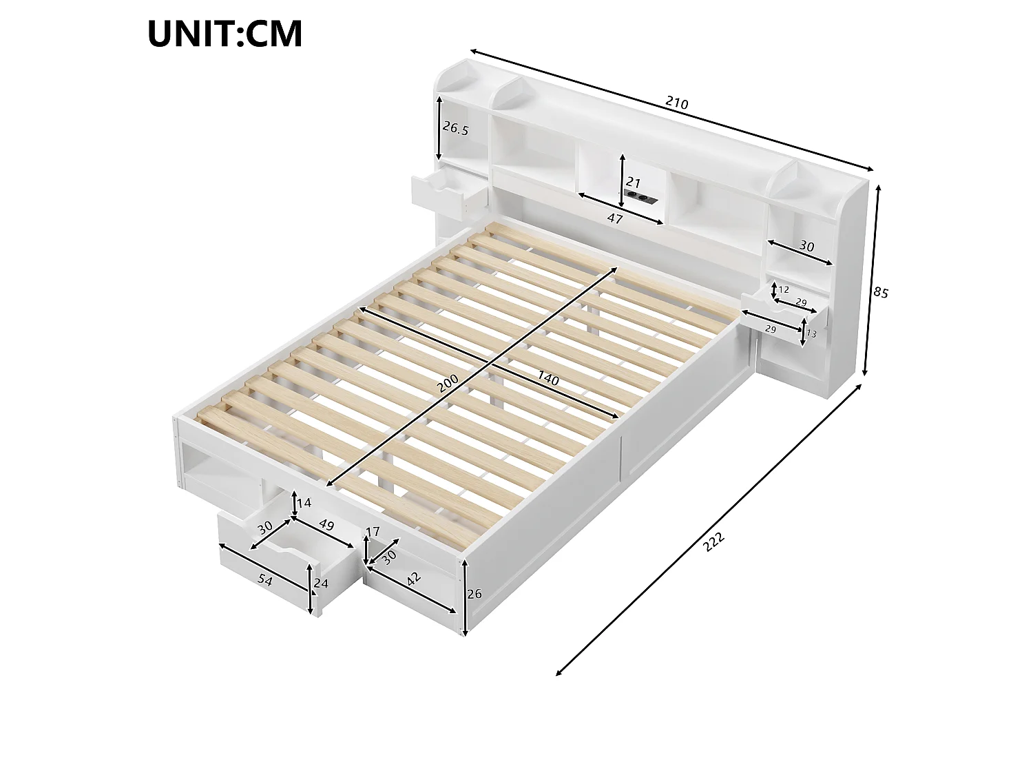 Dubbelsäng 140x200 cm - Sänggavel med förvaring - 3 lådor och förvaringsfack - LED och USB-port - Vit (utan madrass)