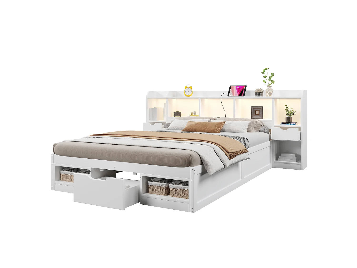 Dubbelsäng 140x200 cm - Sänggavel med förvaring - 3 lådor och förvaringsfack - LED och USB-port - Vit (utan madrass)