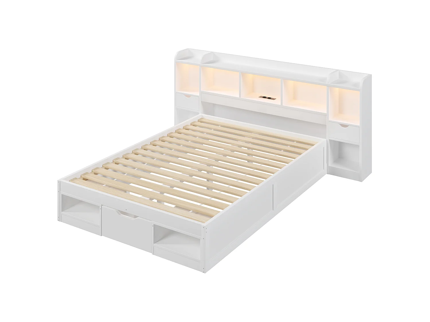 Dubbelsäng 140x200 cm - Sänggavel med förvaring - 3 lådor och förvaringsfack - LED och USB-port - Vit (utan madrass)