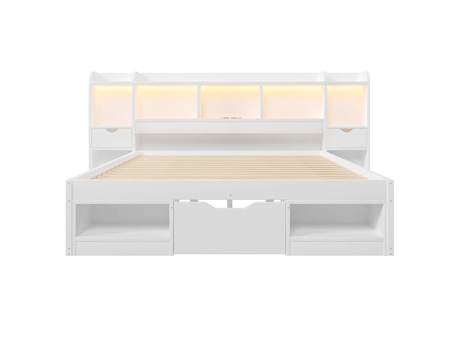 Dubbelsäng 140x200 cm - Sänggavel med förvaring - 3 lådor och förvaringsfack - LED och USB-port - Vit (utan madrass)