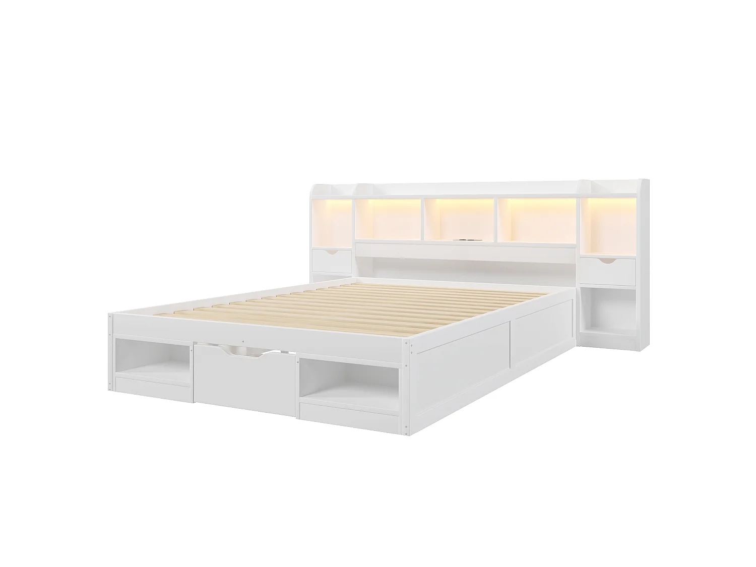 Dubbelsäng 140x200 cm - Sänggavel med förvaring - 3 lådor och förvaringsfack - LED och USB-port - Vit (utan madrass)