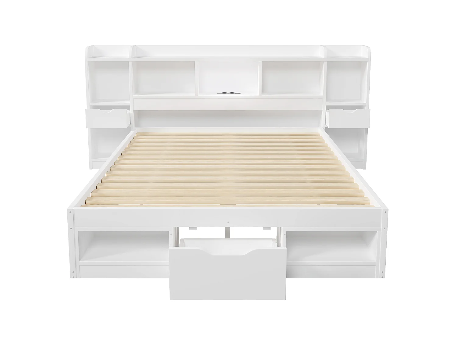 Dubbelsäng 140x200 cm - Sänggavel med förvaring - 3 lådor och förvaringsfack - LED och USB-port - Vit (utan madrass)