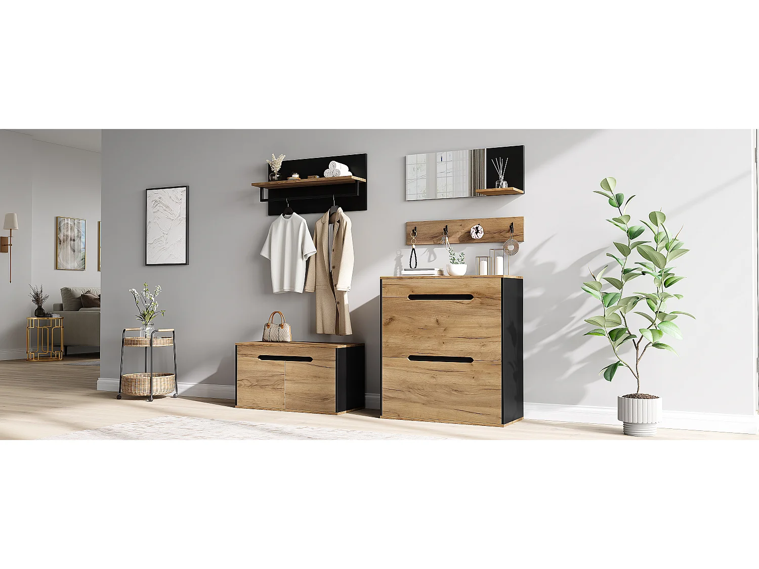 Conjunto de vestiário de entrada - 2 móveis para sapatos e banco - 1 gaveta e 2 portas - Espelho e 4 ganchos - Natural+preto