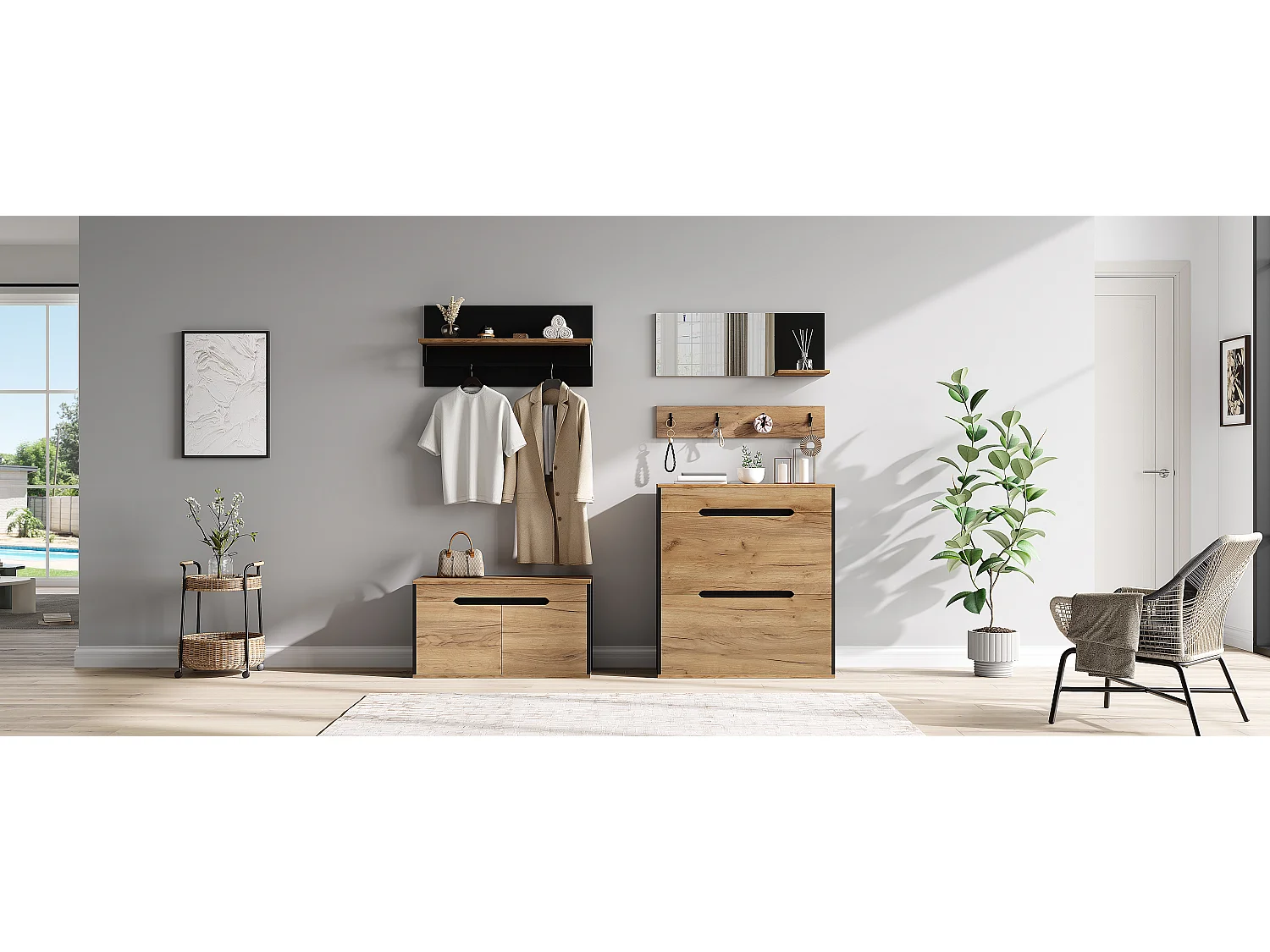 Conjunto de vestiário de entrada - 2 móveis para sapatos e banco - 1 gaveta e 2 portas - Espelho e 4 ganchos - Natural+preto