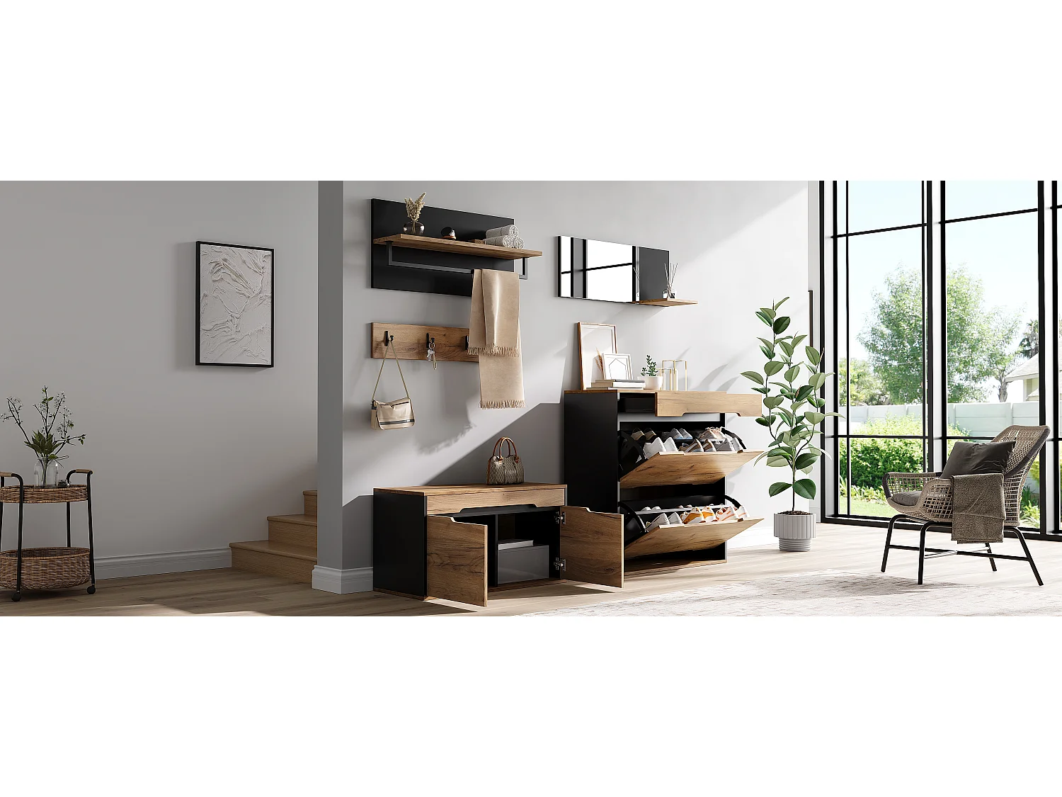 Conjunto de vestiário de entrada - 2 móveis para sapatos e banco - 1 gaveta e 2 portas - Espelho e 4 ganchos - Natural+preto