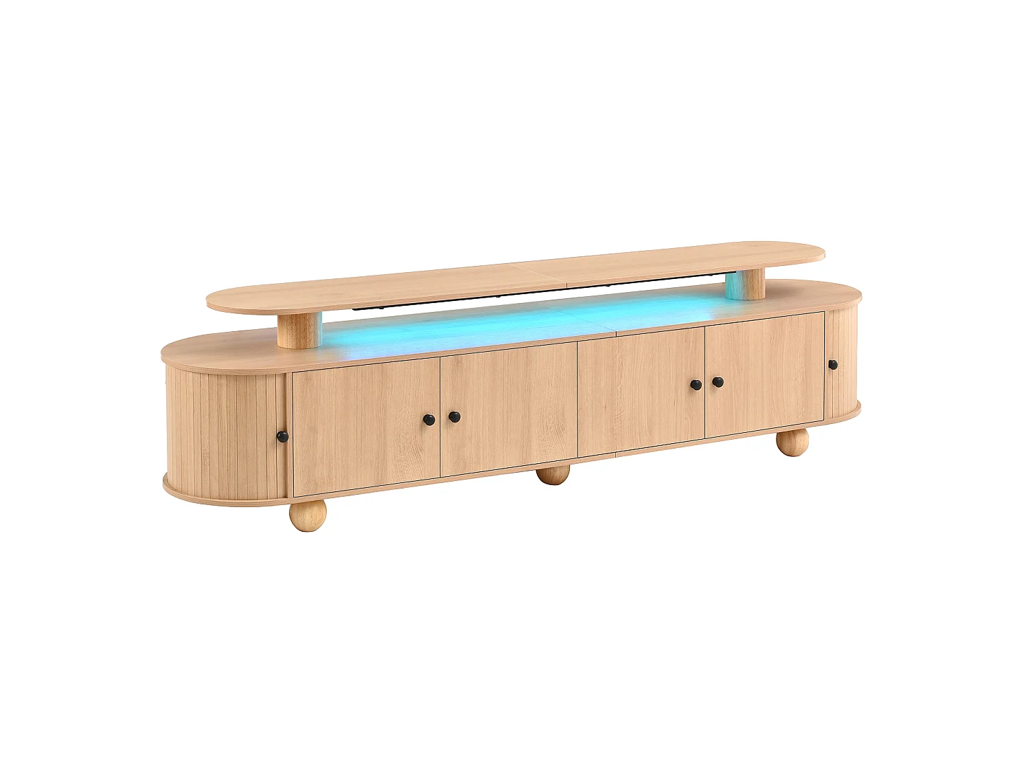 Möbel-TV doppelte Ebene 180x40x48 cm - LED-Beleuchtung - Ovales Design - 6 Türen - Beine aus Massivholz - MDF - Natur