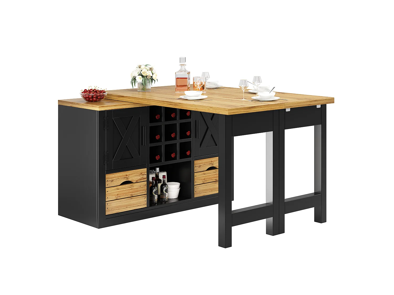 Uitbreidbaar Kookeiland 120-197cm - Draaibare Eettafel 360°, Wijnopslag & Lades, Ruimtebesparend Ontwerp, MDF - Zwart