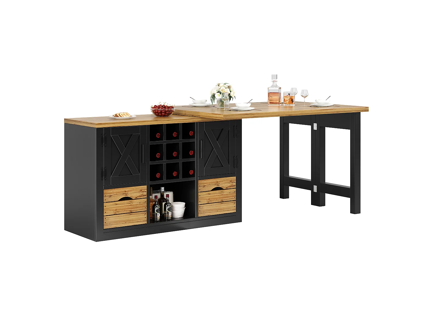 Uitbreidbaar Kookeiland 120-197cm - Draaibare Eettafel 360°, Wijnopslag & Lades, Ruimtebesparend Ontwerp, MDF - Zwart