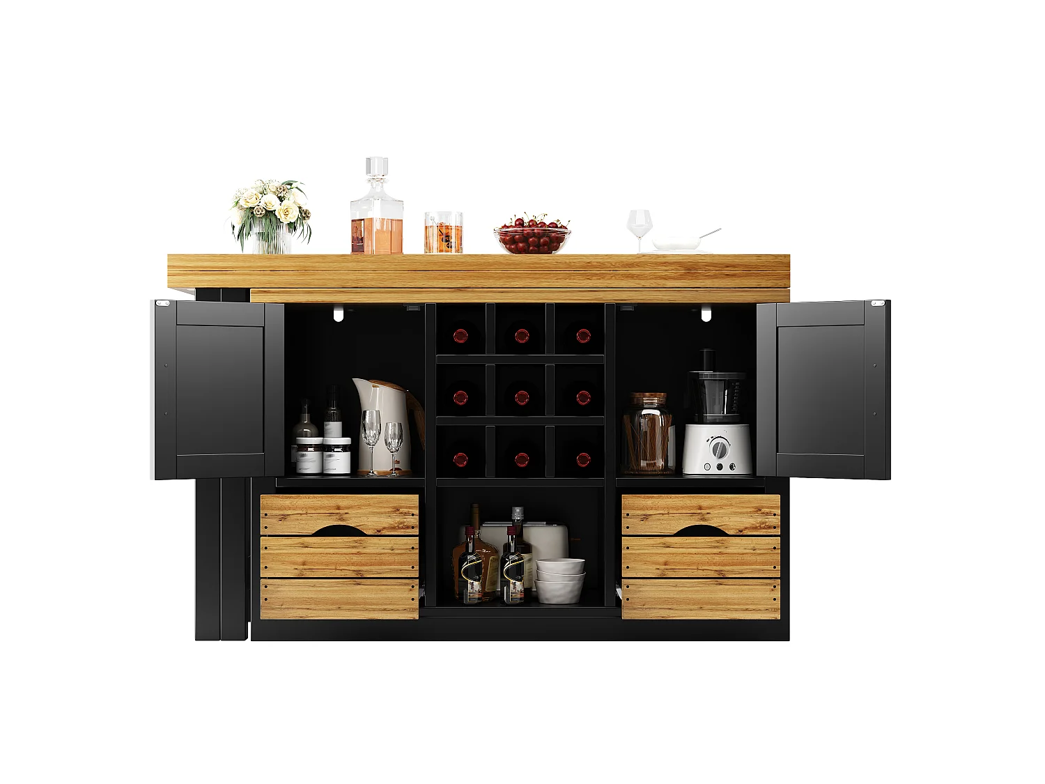 Uitbreidbaar Kookeiland 120-197cm - Draaibare Eettafel 360°, Wijnopslag & Lades, Ruimtebesparend Ontwerp, MDF - Zwart