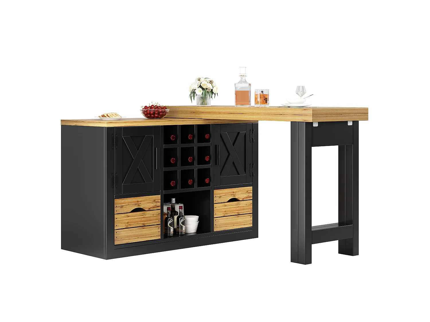 Uitbreidbaar Kookeiland 120-197cm - Draaibare Eettafel 360°, Wijnopslag & Lades, Ruimtebesparend Ontwerp, MDF - Zwart